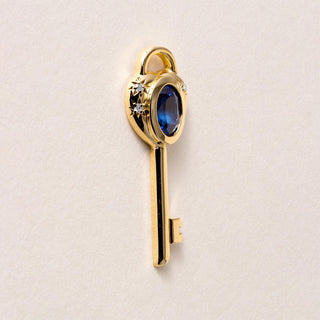 18K Gold Love Key Sapphire Oval and Diamond Pendant