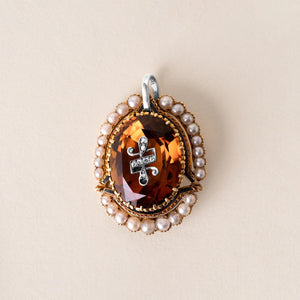 Victorian Citrine, Seed Pearl and Rose Cut Diamond Pendant 14K Yellow Gold