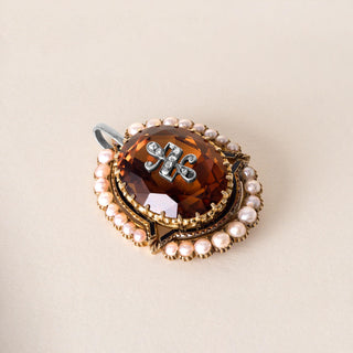 Victorian Citrine, Seed Pearl and Rose Cut Diamond Pendant 14K Yellow Gold