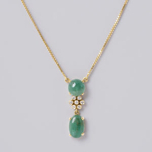 Vintage Emerald Cabochon & Diamond Dangle Necklace 18K Gold Box Chain