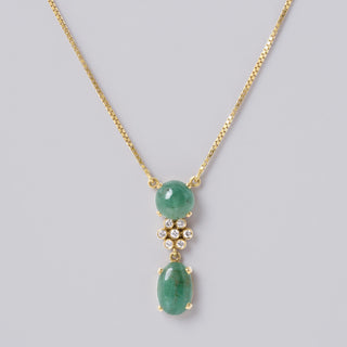 Vintage Emerald Cabochon & Diamond Dangle Necklace 18K Gold Box Chain
