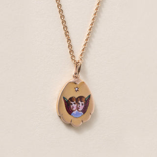 Victorian  Enameled Angel Faces with Wings Pendant Necklace 14k/18k Rose Gold