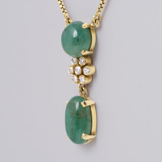 Vintage Emerald Cabochon & Diamond Dangle Necklace 18K Gold Box Chain