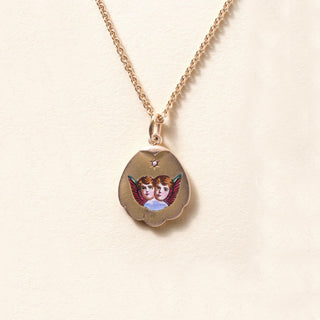 Victorian  Enameled Angel Faces with Wings Pendant Necklace 14k/18k Rose Gold