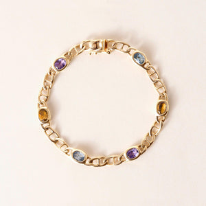 Vintage 14K Gold Multi Gemstone Bezel Curb Chain Link Bracelet