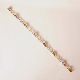 Vintage 14K Gold Multi Gemstone Bezel Curb Chain Link Bracelet