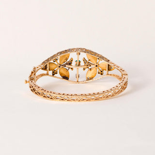 Vintage 14K Gold Emerald, Antique Cut Diamond and Cobalt Blue Enamel Bangle