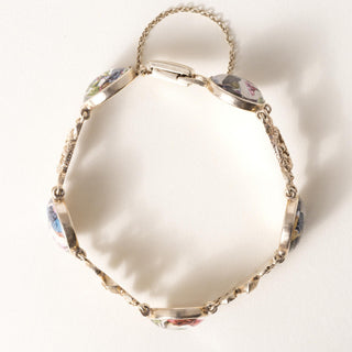 Vintage 14K Gold Painted Birds Crystal Framed Bracelet