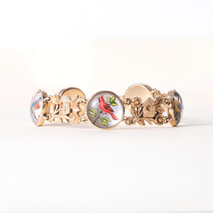 Vintage 14K Gold Painted Birds Crystal Framed Bracelet