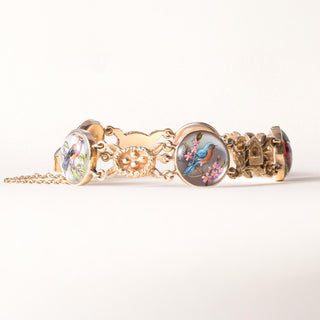 Vintage 14K Gold Painted Birds Crystal Framed Bracelet