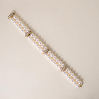 Vintage Double Strand White Pearl with Diamonds 18K Gold Station Bracelet