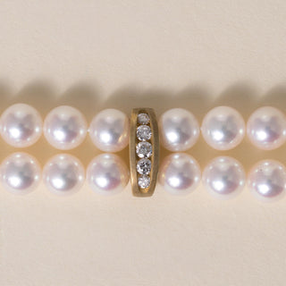 Vintage Double Strand White Pearl with Diamonds 18K Gold Station Bracelet