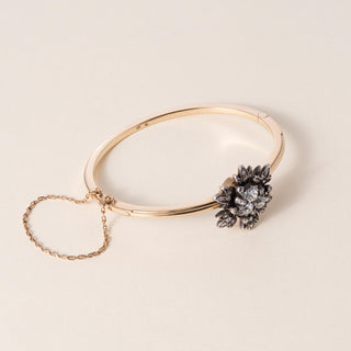 Victorian 1.20 Carats Old Mine Cut Diamond Floral Bangle 14K Gold and Silver