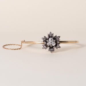Victorian 1.20 Carats Old Mine Cut Diamond Floral Bangle 14K Gold and Silver