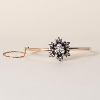Victorian 1.20 Carats Old Mine Cut Diamond Floral Bangle 14K Gold and Silver