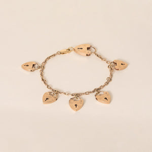 Vintage 9K Gold Multi Heart Padlock Curb Link Bracelet