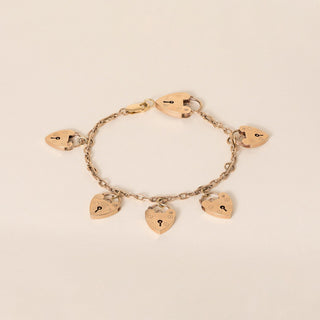 Vintage 9K Gold Multi Heart Padlock Curb Link Bracelet
