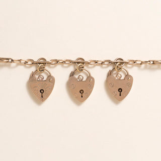 Vintage 9K Gold Multi Heart Padlock Curb Link Bracelet