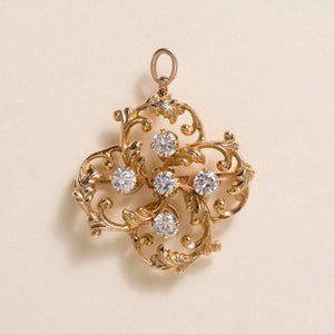 Vintage 14K 0.90 Carats Diamond Gilded Clover Brooch Pendant