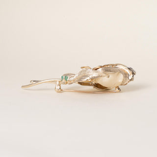 Vintage 14K Gold Rose Flower Diamond and Emerald Brooch
