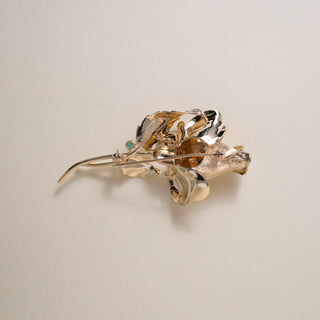 Vintage 14K Gold Rose Flower Diamond and Emerald Brooch