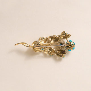Vintage 18K Gold Italian Turquoise and Diamond Floral Bouquet Brooch