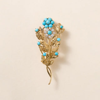 Vintage 18K Gold Italian Turquoise and Diamond Floral Bouquet Brooch