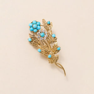 Vintage 18K Gold Italian Turquoise and Diamond Floral Bouquet Brooch