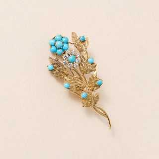 Vintage 18K Gold Italian Turquoise and Diamond Floral Bouquet Brooch