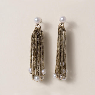 Vintage 1970s Pearl Wheat Chain Tassel Dangle Earrings 14K Gold