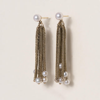 Vintage 1970s Pearl Wheat Chain Tassel Dangle Earrings 14K Gold