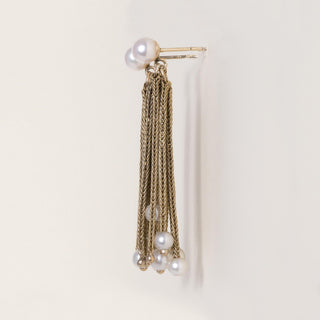 Vintage 1970s Pearl Wheat Chain Tassel Dangle Earrings 14K Gold