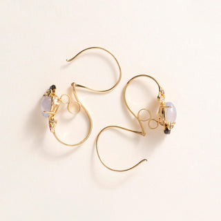 Vintage 9K Gold Owl Chalcedony, Diamond and Ruby Earrings