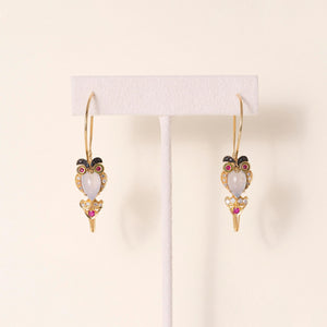 Vintage 9K Gold Owl Chalcedony, Diamond and Ruby Earrings
