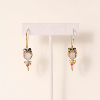 Vintage 9K Gold Owl Chalcedony, Diamond and Ruby Earrings