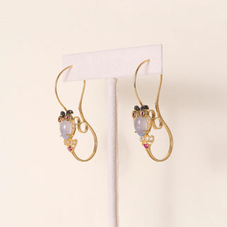 Vintage 9K Gold Owl Chalcedony, Diamond and Ruby Earrings