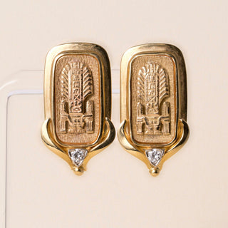 Vintage Wachler 17K Gold Egyptian Revival Cartouche and Diamond Stud Earrings
