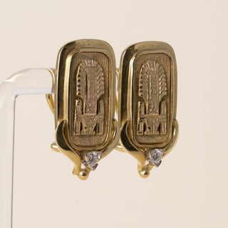 Vintage Wachler 17K Gold Egyptian Revival Cartouche and Diamond Stud Earrings