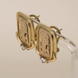 Vintage Wachler 17K Gold Egyptian Revival Cartouche and Diamond Stud Earrings