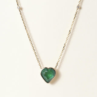 14K Gold 12.55 Carat Emerald Heart Shape Bezel Set Diamond Chain Necklace