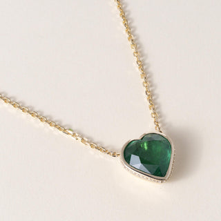 14K Gold 12.55 Carat Emerald Heart Shape Bezel Set Diamond Chain Necklace