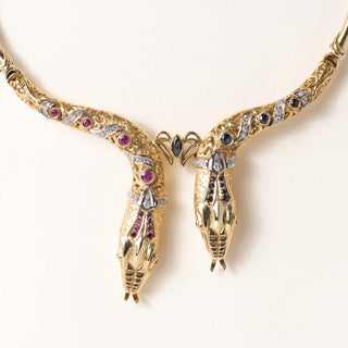 Vintage 18K Gold Twin Serpent Heads Ruby Sapphire and Diamond Necklace Collar