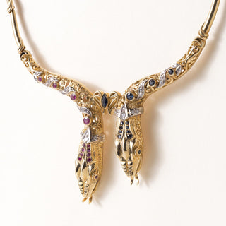 Vintage 18K Gold Twin Serpent Heads Ruby Sapphire and Diamond Necklace Collar