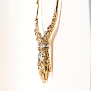 Vintage 18K Gold Twin Serpent Heads Ruby Sapphire and Diamond Necklace Collar