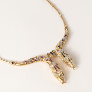 Vintage 18K Gold Twin Serpent Heads Ruby Sapphire and Diamond Necklace Collar