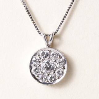 18K White Gold 1.25 Carat  Diamond Cluster Circle Pendant Necklace
