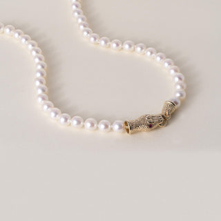 Vintage 14K Gold Cream Pearl Strand with Ruby Serpent Clasp