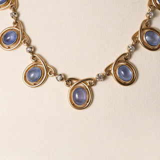 Vintage Italy 18K Gold 20 Carats Blue Star Sapphire and Diamond Rivere Necklace