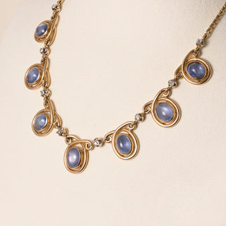 Vintage Italy 18K Gold 20 Carats Blue Star Sapphire and Diamond Rivere Necklace