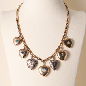 Victorian 14K Gold Heart Lockets with Gemstones Dangle Chain Necklace